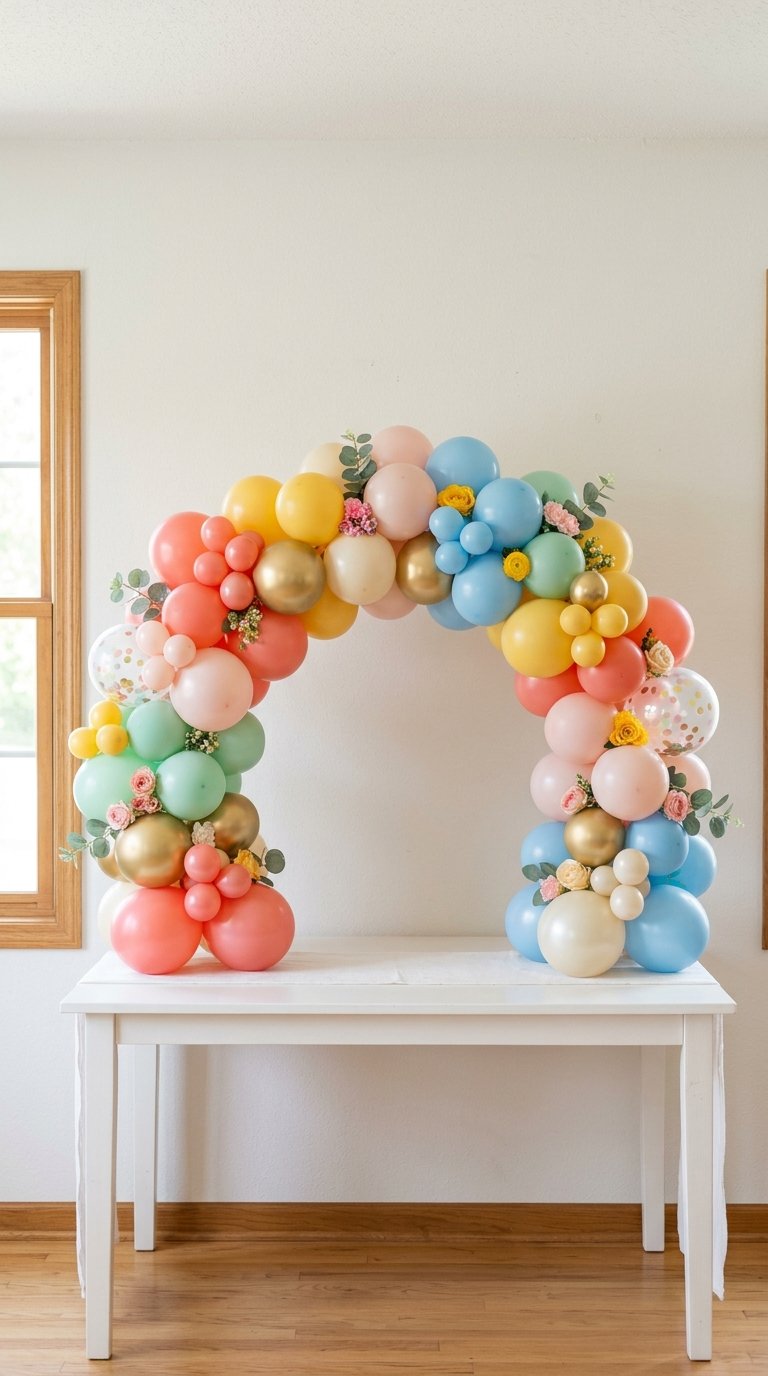 A colorful balloon arch on a white table, featuring balloons in shades of pink, yellow, blue, and gold, accented with flowers and greenery.