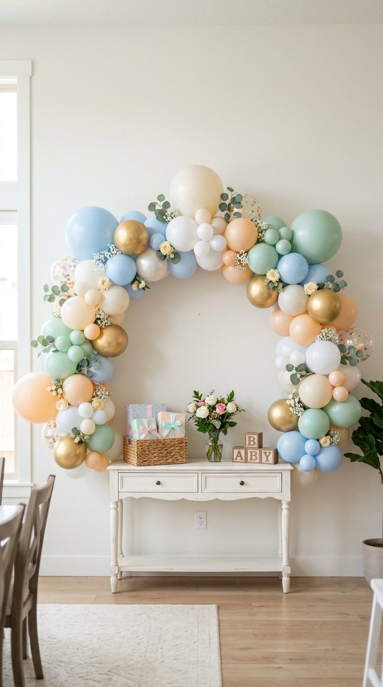 A balloon arch in pastel colors, including blue, green, cream, and gold, decorates a room for a baby shower. The arch is adorned with small flowers and greenery, and below it, a white console table holds a basket of wrapped gifts, a bouquet of flowers in a vase, and wooden blocks spelling 'BABY.' The setup is in a bright room with wooden flooring and a rug.