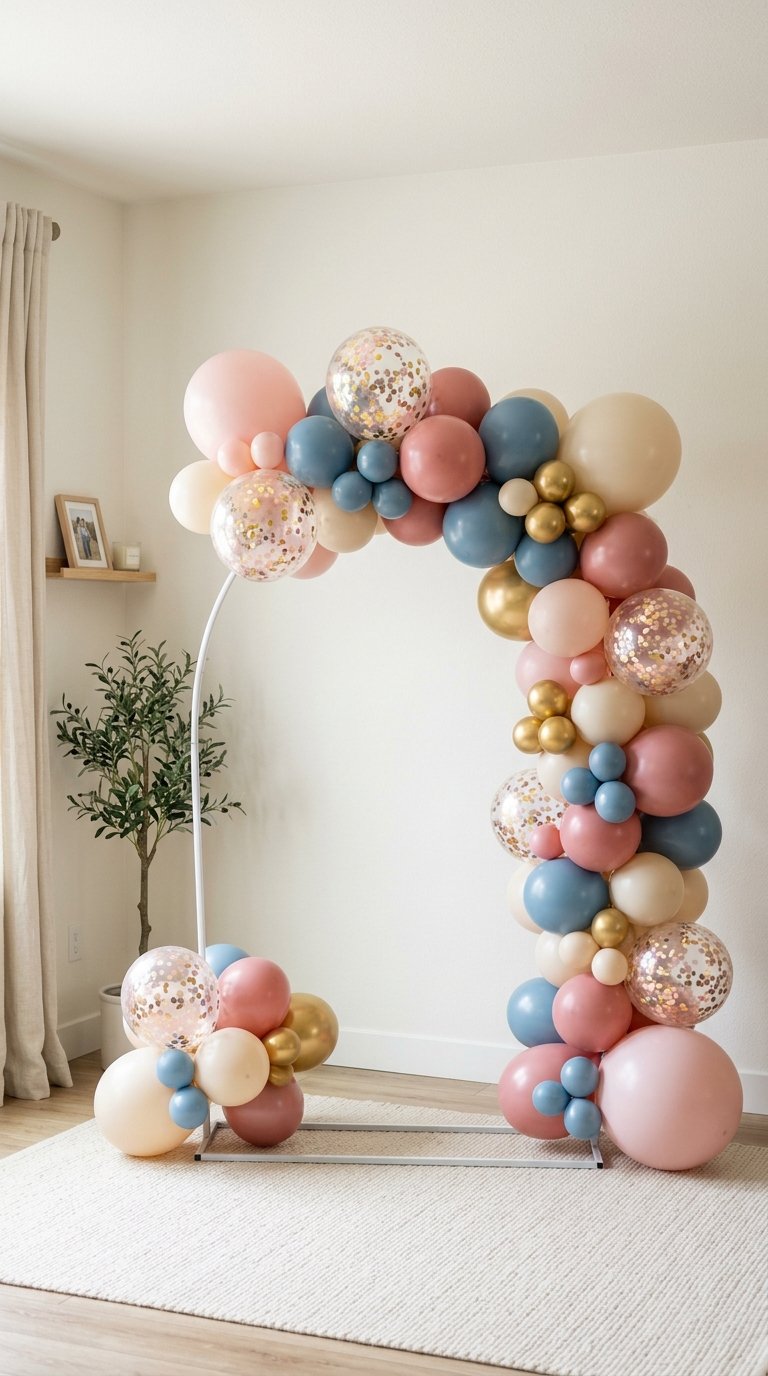 Colorful balloon arch with pink, blue, gold, and clear balloons with confetti, set in a corner of a room with a plant and a framed photo on a shelf.