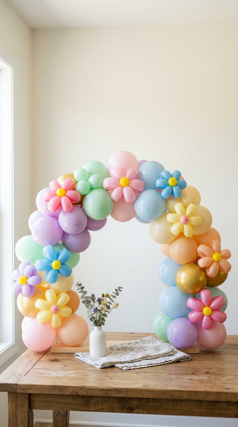 A wooden table adorned with a colorful balloon arch in pastel shades, featuring flower-shaped balloons. A white vase with small flowers and a folded napkin are placed on the table beneath the arch.