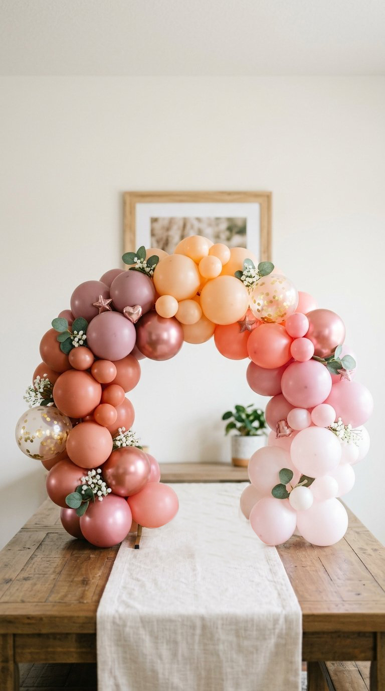 A colorful balloon arch in shades of pink, orange, and gold with decorative leaves and flowers, set on a wooden dining table with a beige runner in a modern, light-filled room.