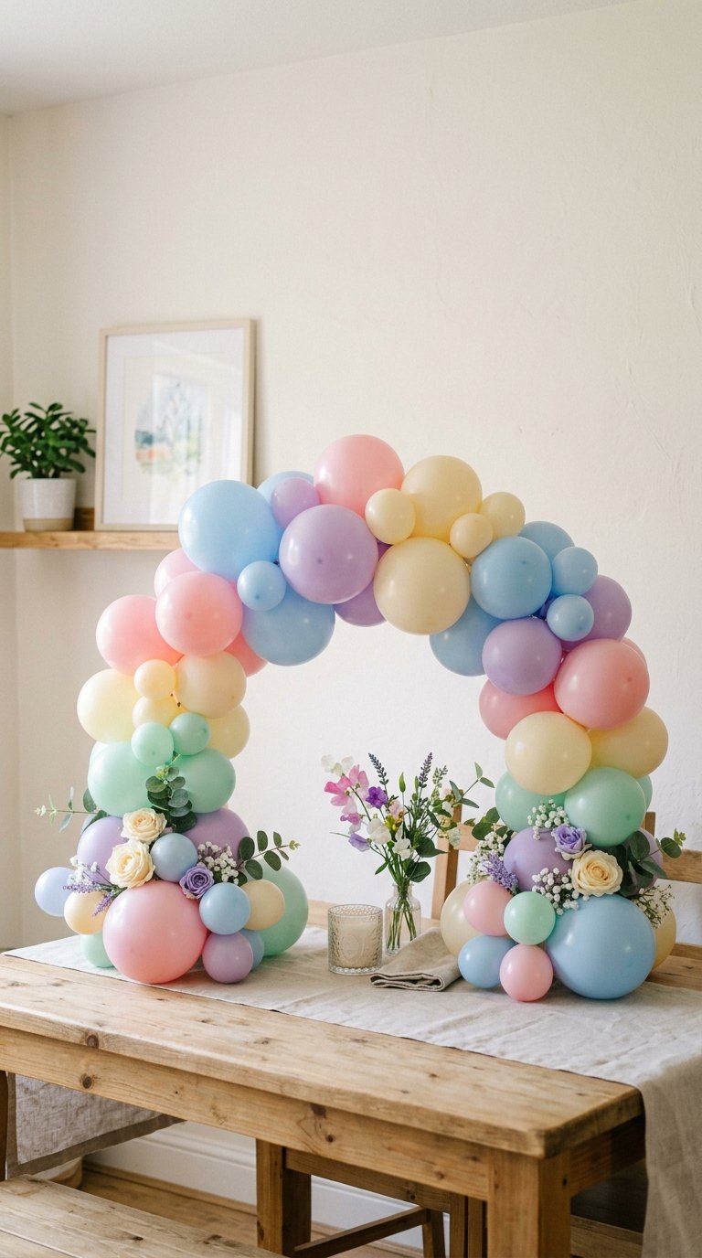 A colorful balloon arch in pastel shades of pink, blue, yellow, and purple is placed over a wooden dining table decorated with flowers and a candle. The room has a simple, light-colored decor with a framed picture and a potted plant on a shelf in the background.