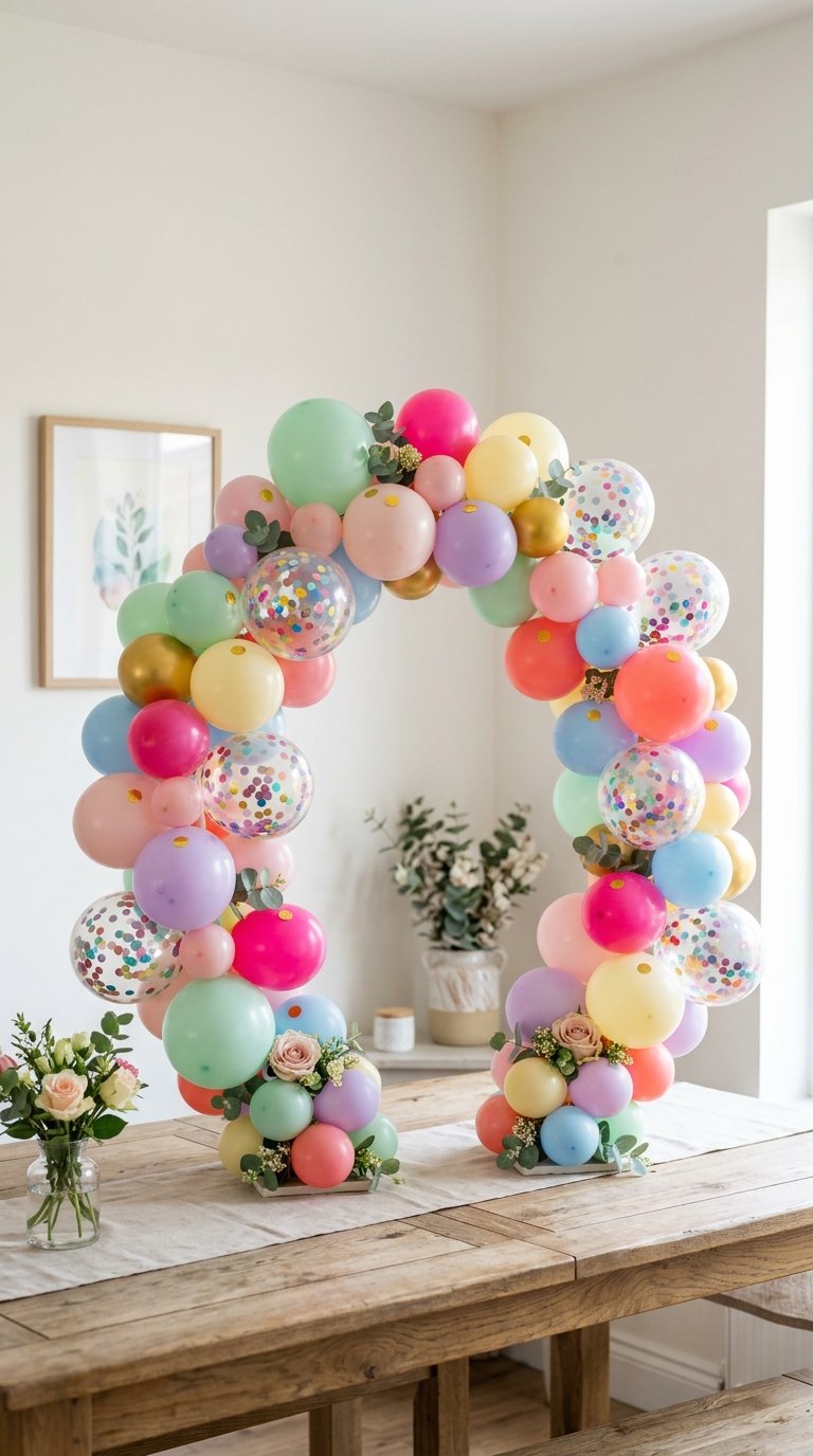 A colorful balloon arch on a wooden table, featuring balloons in various sizes and colors, including pink, green, yellow, and clear with confetti. The arch is decorated with small floral elements at the base. A vase with flowers is beside the arch, and a framed picture hangs on the wall in the background.