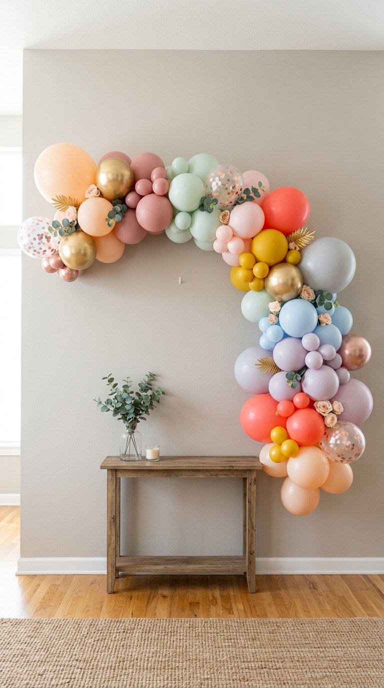 A colorful balloon arch decorates a wall above a wooden console table. The arch includes balloons in pastel and metallic colors, along with decorative elements like small flowers and leaves. A glass vase with greenery and a candle sit on the table below.