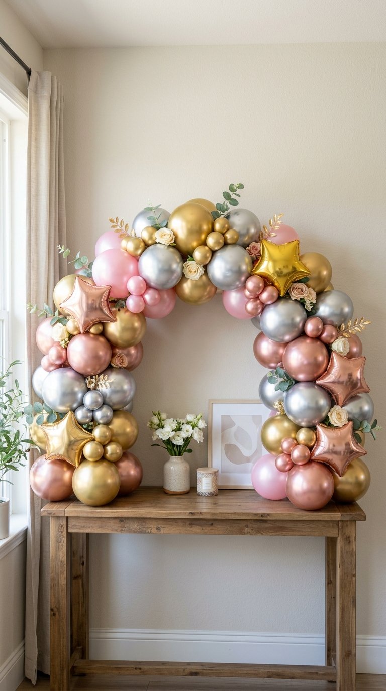 A decorative arch made of balloons in gold, silver, pink, and star shapes sits on a wooden table adorned with small vases of white flowers.