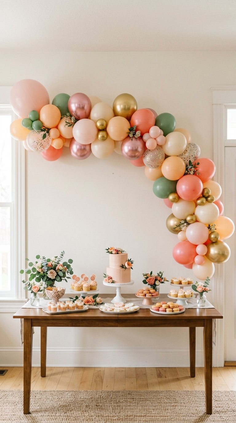 A dessert table decorated for a celebration, featuring an elegant arch of balloons in pastel and metallic colors above. The table is adorned with a two-tier cake, cupcakes, flowers, and various pastries.