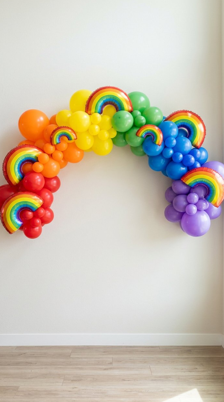 A colorful balloon arch in the shape of a rainbow, with balloons in red, orange, yellow, green, blue, and purple, set against a plain white wall.