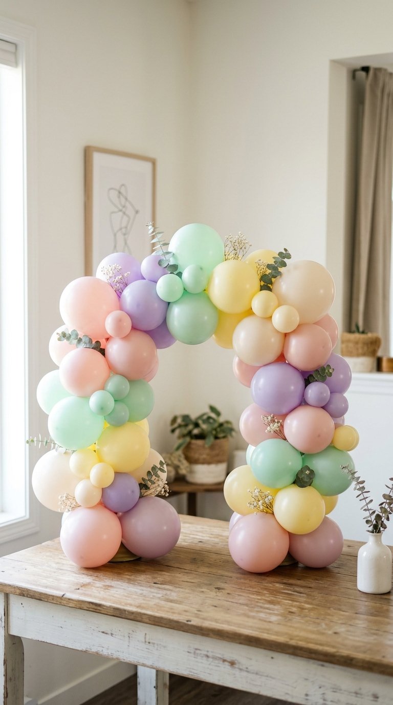 A colorful balloon arch made of pastel shades, including pink, purple, yellow, and green balloons, sits on a wooden table in a softly lit room.