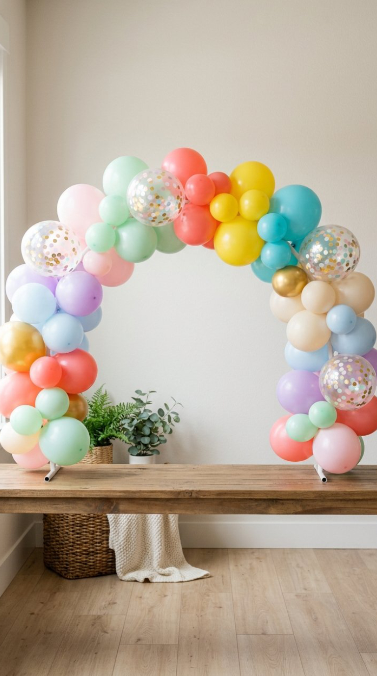 A colorful balloon arch decorates a wooden bench, featuring balloons in pastel shades and transparent ones with confetti, set against a light wall with potted plants underneath.