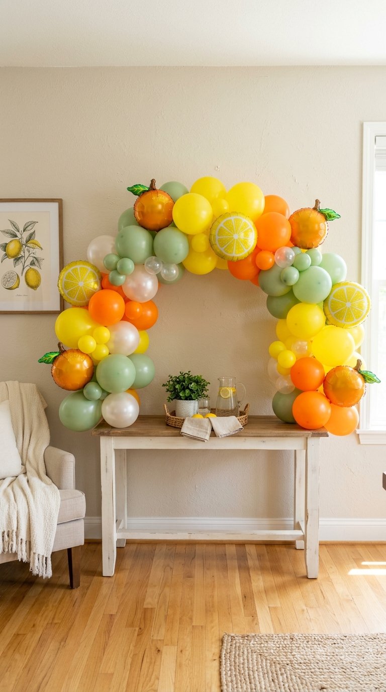 A colorful balloon arch with citrus-themed decorations, including yellow, orange, and green balloons, is set up over a wooden table. The table has a small plant and a pitcher of lemon water on it. A lemon-themed artwork hangs on the wall nearby.