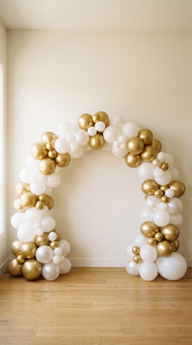 An arch made of white and gold balloons arranged against a beige wall on a wooden floor.