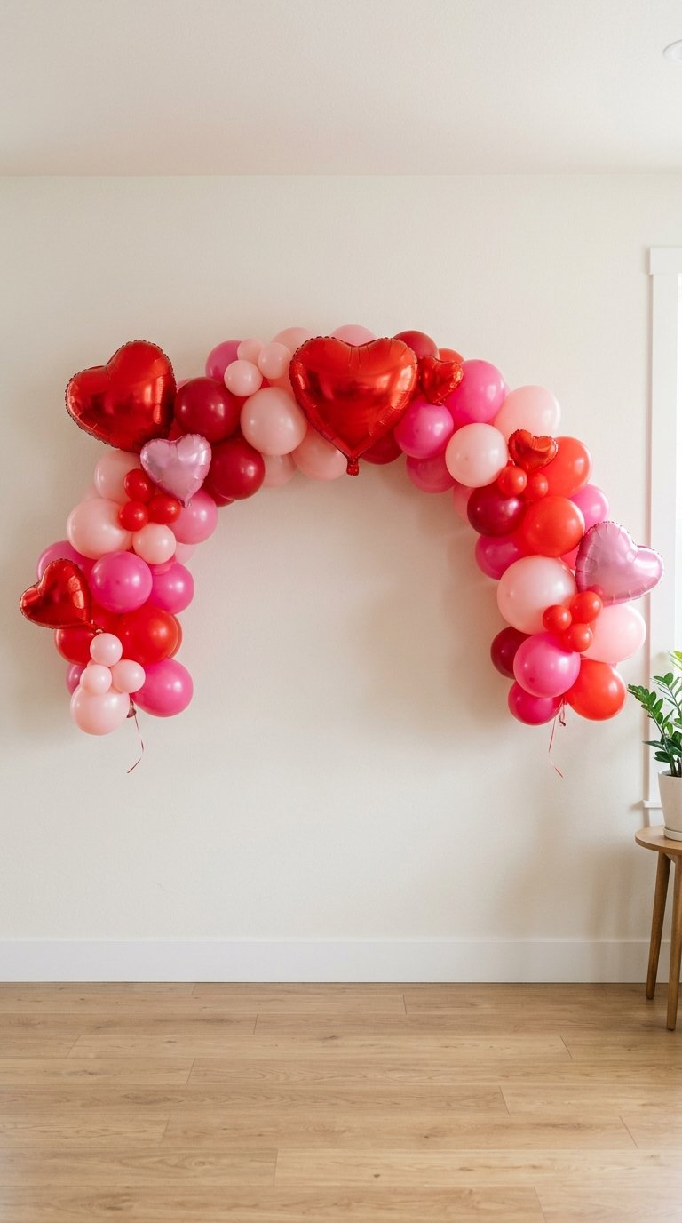 A balloon arch made of red, pink, and heart-shaped balloons decorates a plain wall, with a small table and plant visible in the corner of the room.