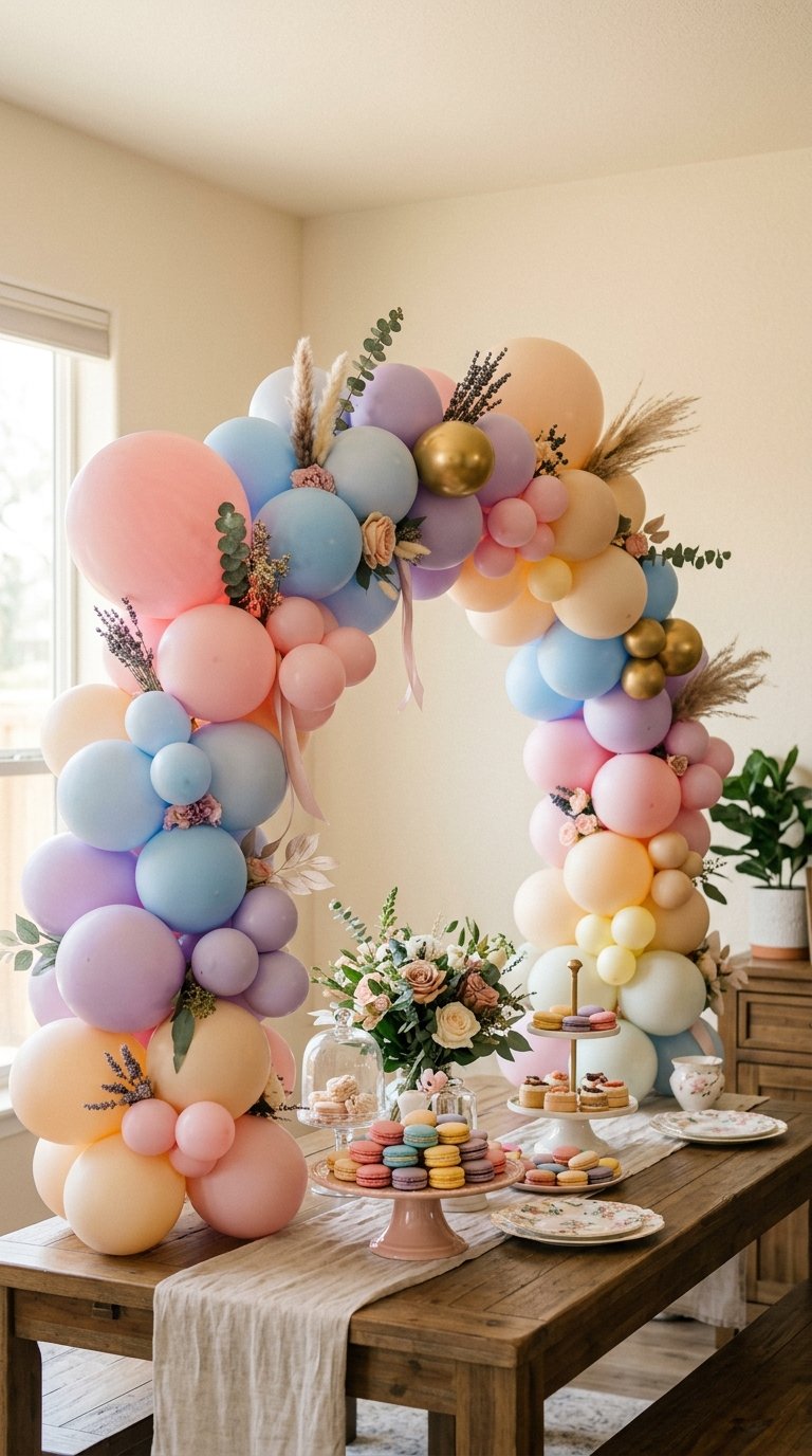 A wooden table set with platters of colorful macarons and tea cups, adorned with a large, pastel balloon arch featuring flowers and greenery.