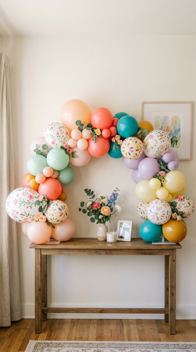 A wooden table with a colorful balloon arch above it, featuring balloons in shades of pink, orange, blue, green, and purple, some with floral patterns. Below the arch is a vase of flowers, a candle, and a framed photo. The wall displays a simple art piece in the background.