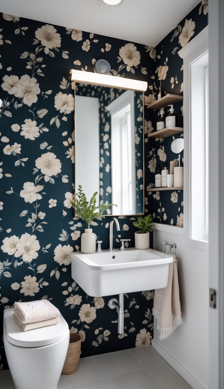A small powder room with dark floral wallpaper, a sink with a mirror, shelves with toiletries, and a neatly arranged towel and plant.